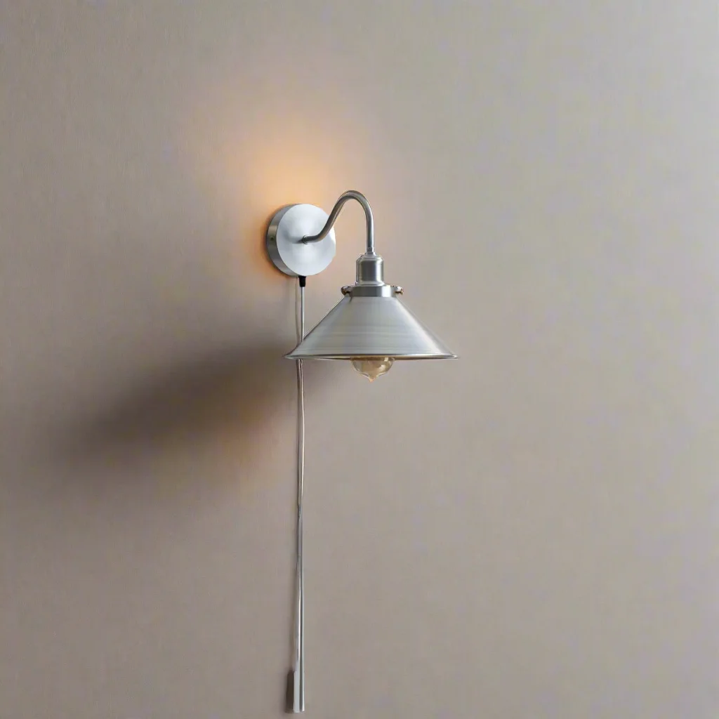 Satin nickel industrial wall sconce with swan neck arm, cone shade, and 2m cord with UK plug on white background