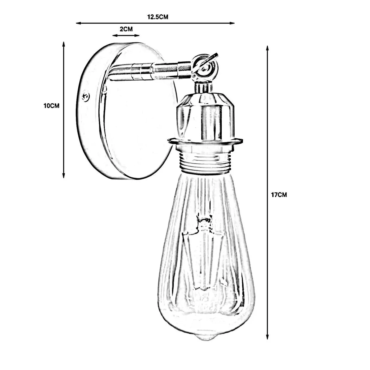 Chrome adjustable industrial style wall light with metal shade and E27 bulb holder mounted on white wall