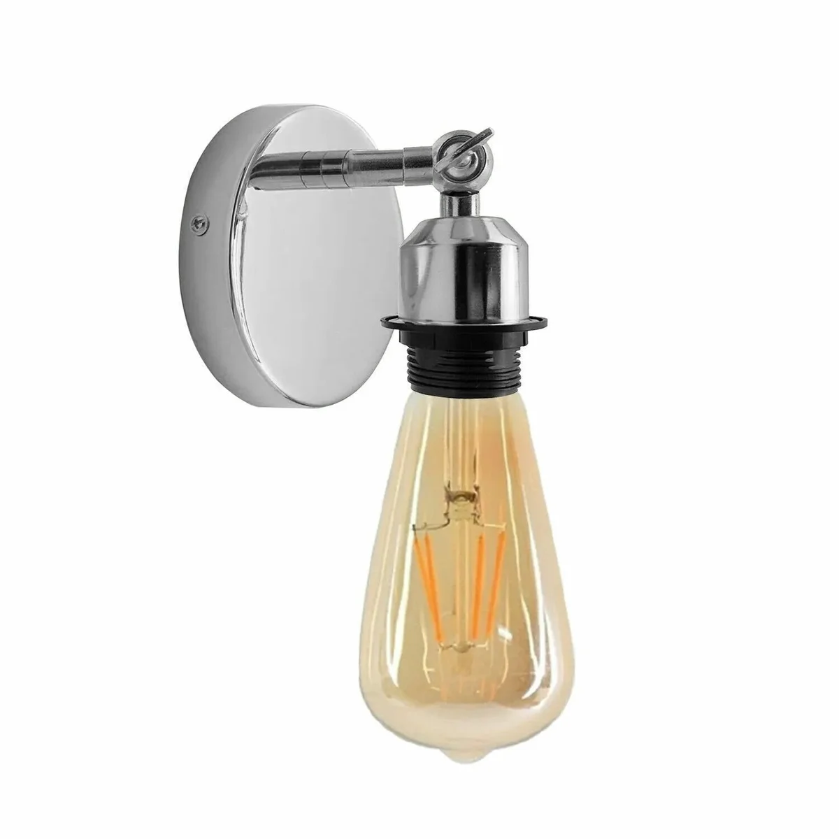 Chrome metal retro wall sconce with adjustable arm and E27 bulb holder mounted on a white wall