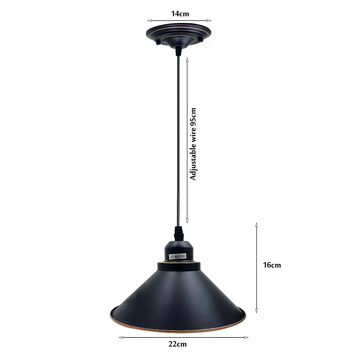 Black metal pendant light with vintage industrial design, single E27 holder and brushed metal finish, hanging from ceiling