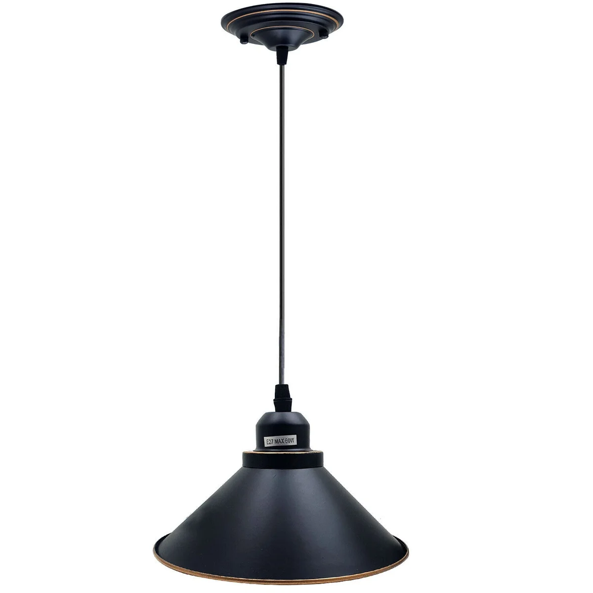 black vintage ceiling light with metal base, single E27 holder and lampshade