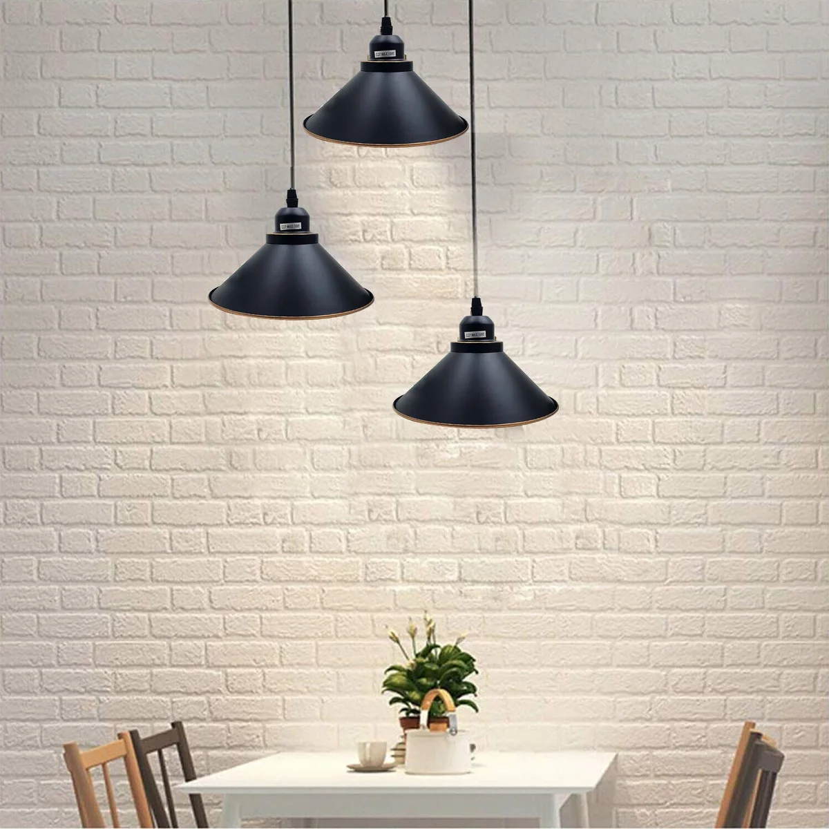 Black metal industrial E27 pendant lamp with wire holder, lampshade, hanging from ceiling.