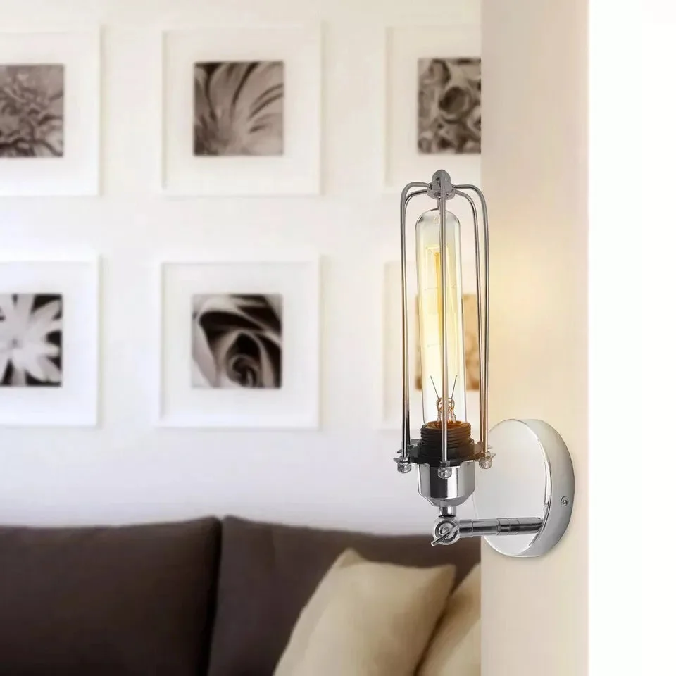 Retro industrial wall light with adjustable chrome metal cage and E27 bulb holder mounted on a wall bracket