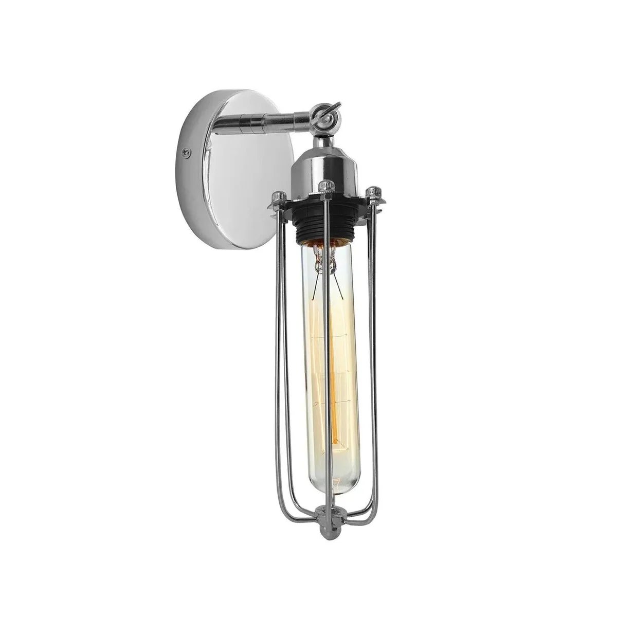 Retro industrial adjustable wall sconce with chrome metal cage and E27 bulb holder mounted on white wall background