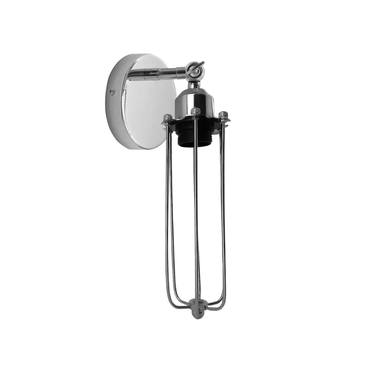 Adjustable retro industrial metal wall light with chrome cage and E27 socket mounted on a white wall background