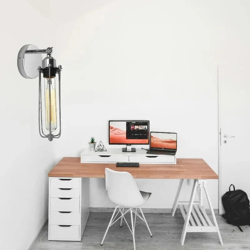 Retro industrial adjustable E27 wall lamp with chrome metal cage and arm mounted on white wall background