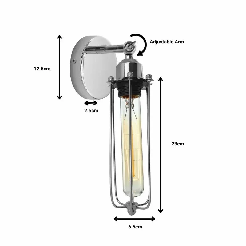 Adjustable retro industrial chrome wall light with metal cage and E27 bulb holder mounted on white wall background