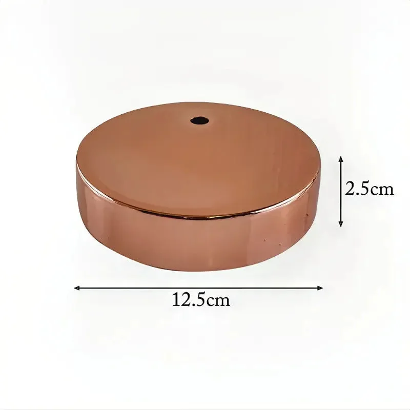 Round 125mm metal ceiling rose in vintage style with smooth metallic finish for wall sconce or pendant light installation
