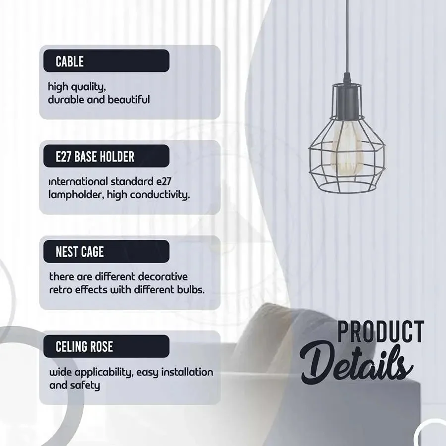 Modern rustic ceiling light with rustic red wire cage and metal shade hanging from 95cm PVC cord against white background