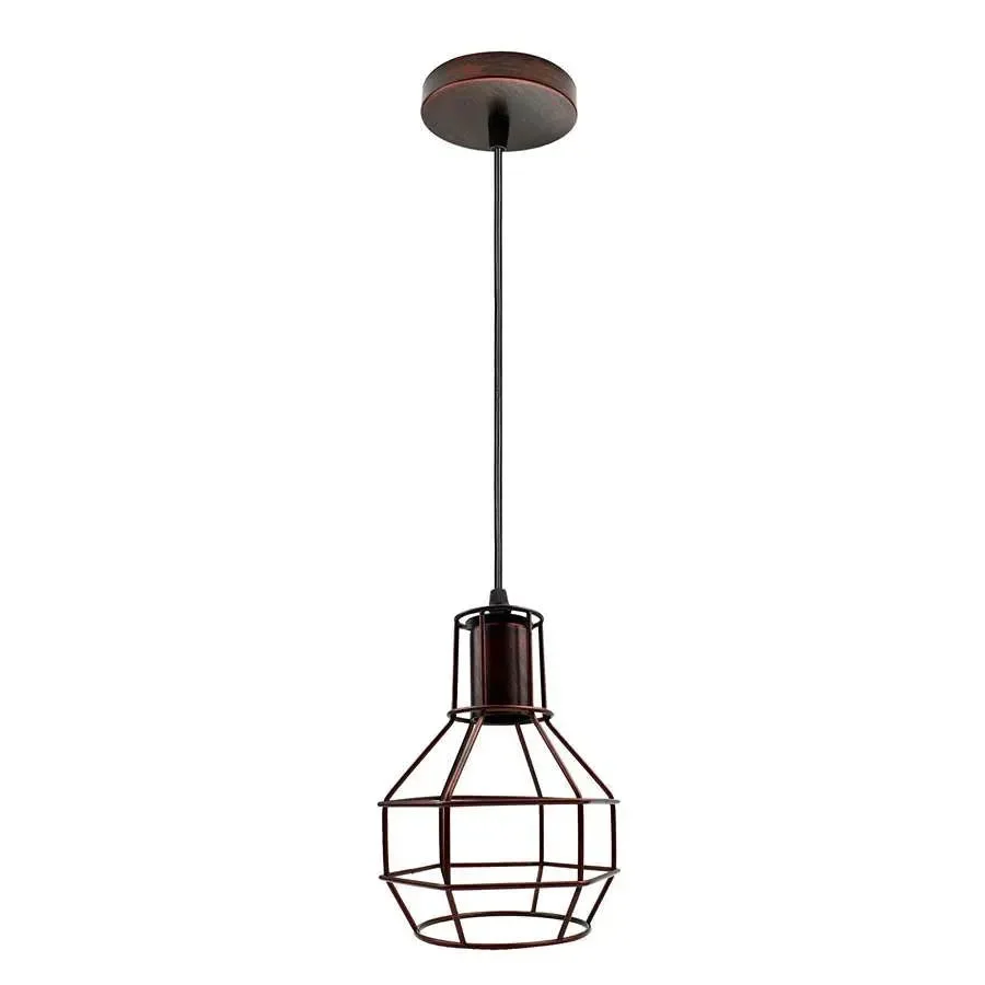 Rustic red vintage pendant ceiling light with wire cage and 95cm cord, modern style metal and PVC design