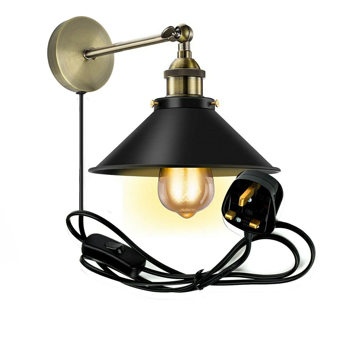 Dimmable plug-in wall light with 2m cord, vintage industrial metal shade, E27 holder, and UK plug for rustic decor