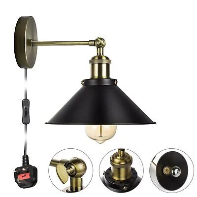 Dimmable plug-in wall light with vintage industrial metal shade, E27 holder, and 2m cord with UK plug and ceiling rose