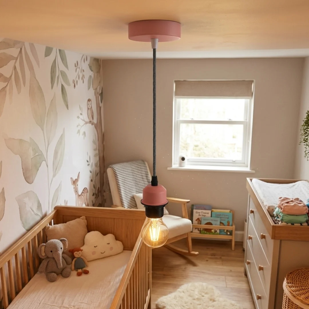 E27 pendant light fitting with 1m adjustable pink vintage cord and wide ceiling rose for nursery or baby room lighting
