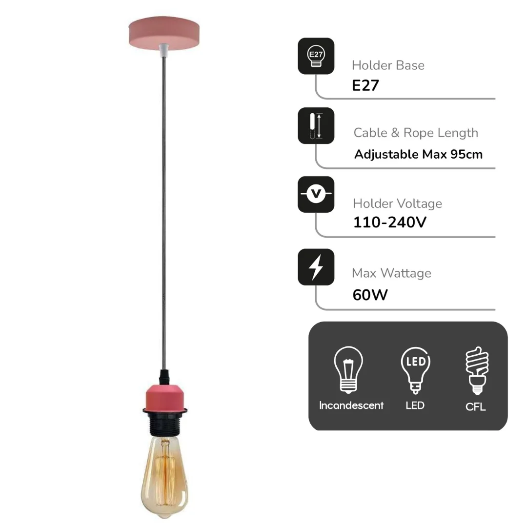 Adjustable pendant light with 1m pink vintage cord and E27 fitting, ideal for nurseries and children's rooms