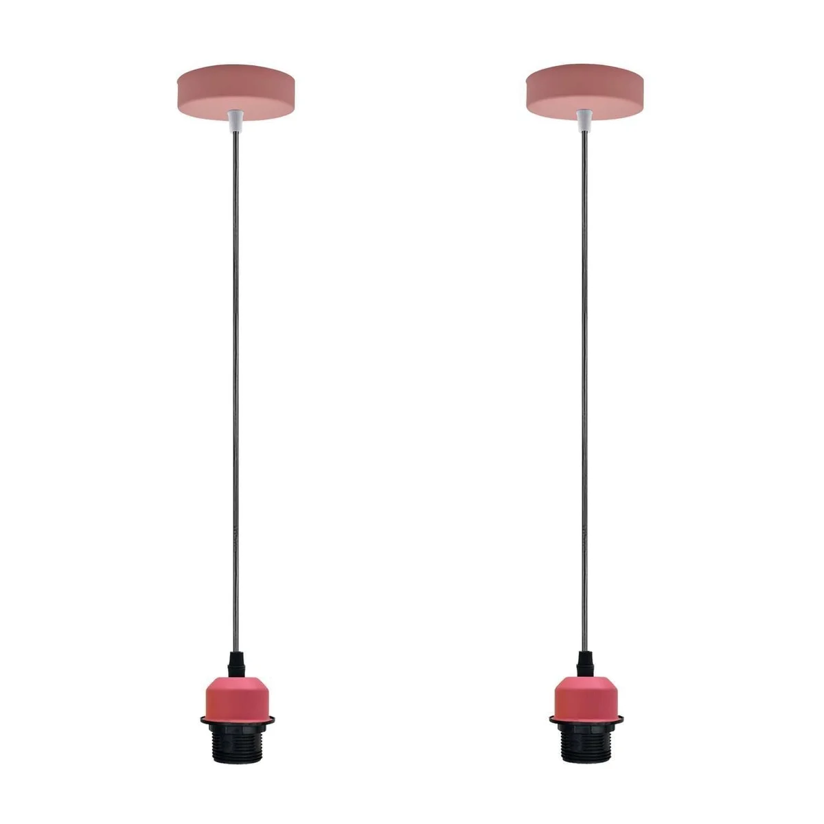 E27 pendant light fitting with 1m adjustable pink vintage cord hanging from ceiling with bulb socket visible