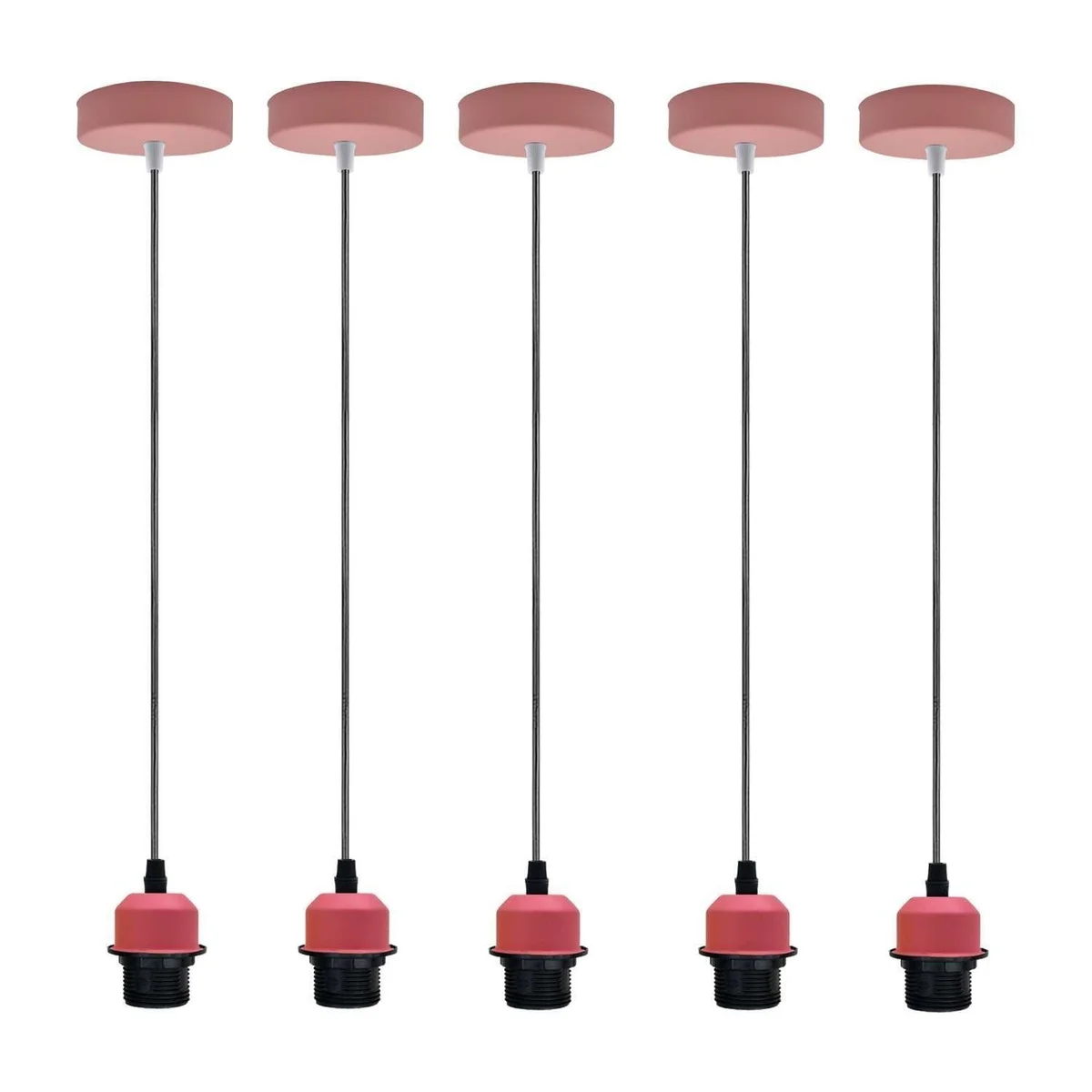 E27 pendant light fitting with 1m adjustable pink vintage cord, ceiling rose, and E27 bulb socket.