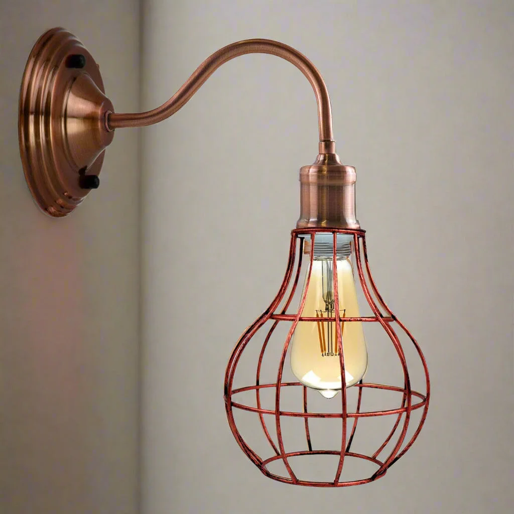 Copper and rustic red metal cage wall sconce with round canopy, vase‑shaped shade, E27 socket, steel cage design