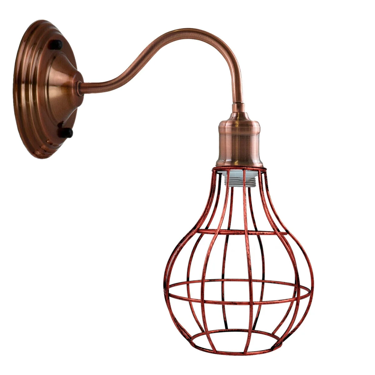 Copper wall lamp – geometric cage wall sconce with copper and rustic red metal, round canopy, modern industrial style.