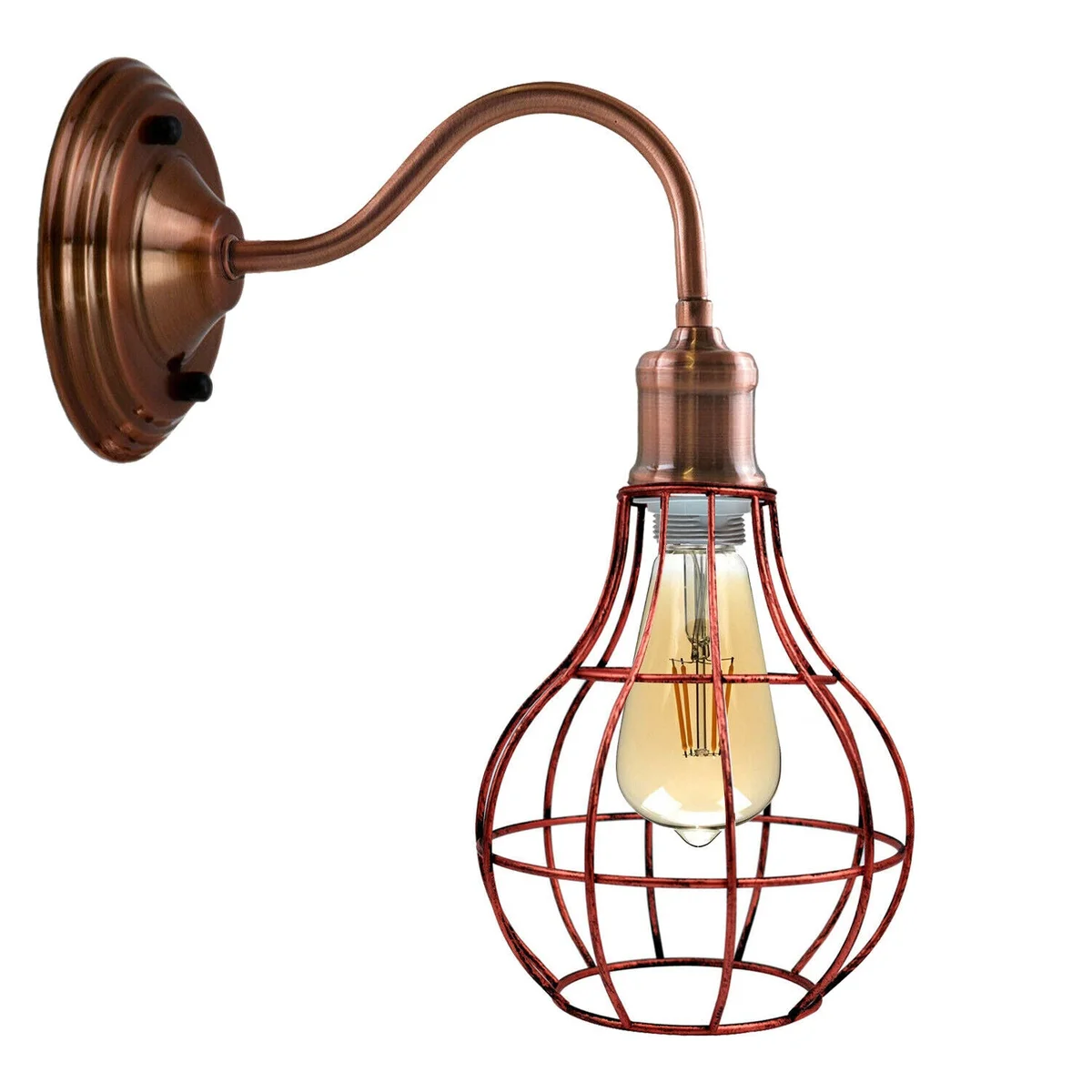 Hard wired wall light, industrial metal cage with copper and rustic red finish, round canopy—elegant home décor.