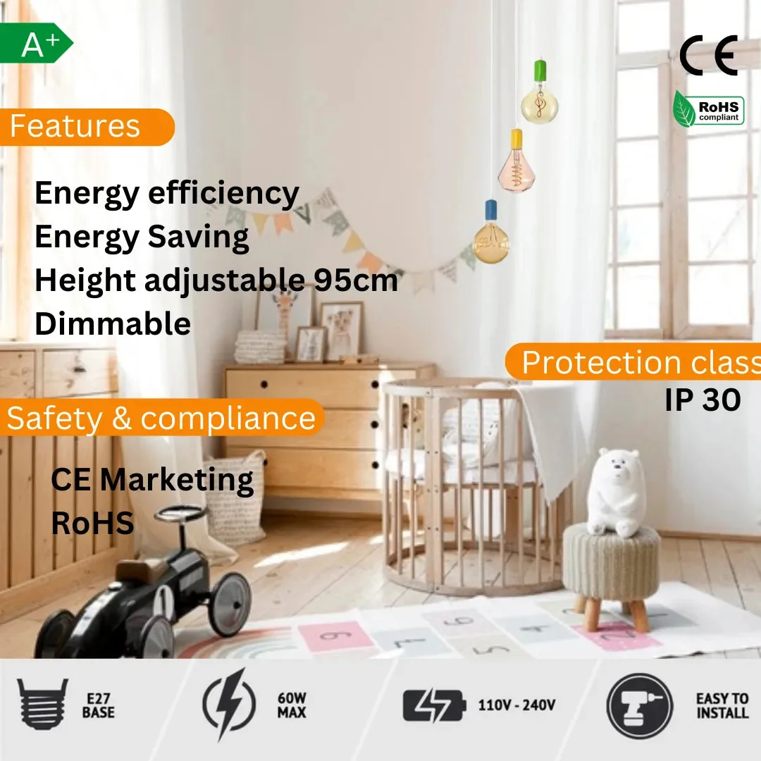 Three adjustable pendant lights with metal shades hanging at different heights vintage ceiling light in a modern room