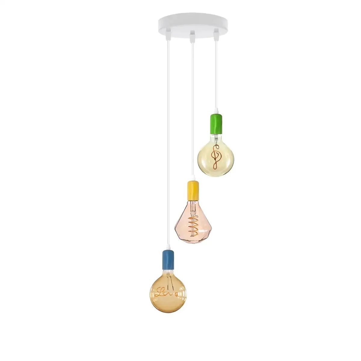 3 light pendant with three adjustable hanging retro metal lamps and E27 sockets, shown in a modern living room setting