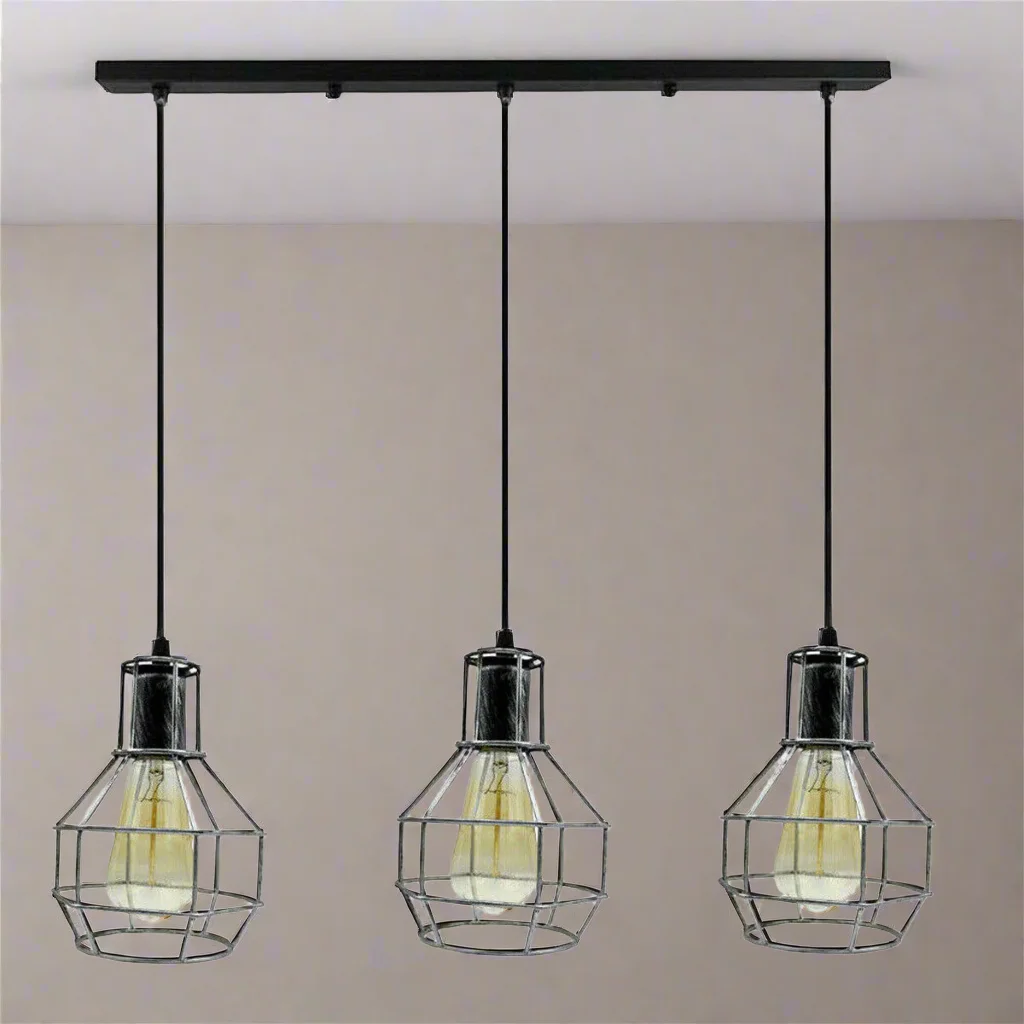 Black industrial ceiling pendant lamp with three metal cage light holders and 90cm cables hanging from ceiling plate
