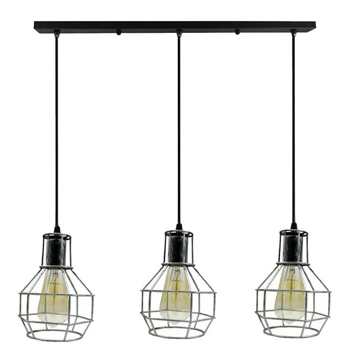 Black metal pendant light with three cage-style shades hanging from a 90cm PVC cable and round ceiling plate