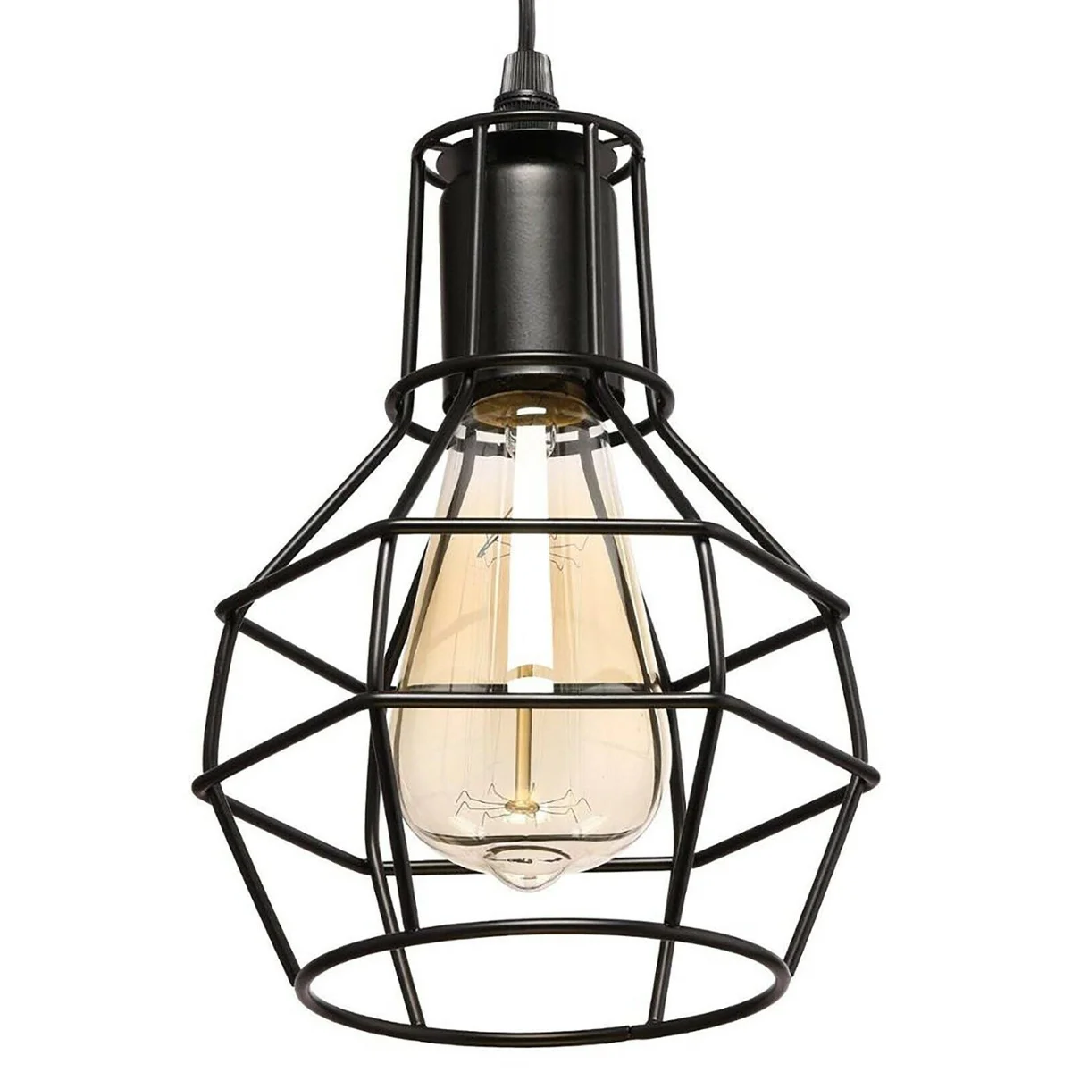 Black industrial retro 3-way ceiling pendant lamp with three E27 bulb lamp holders and metal wire cages hanging from ceiling plate