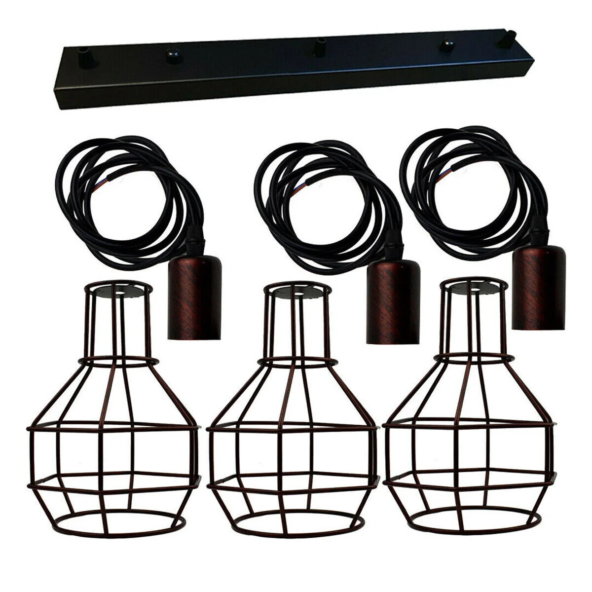 Black industrial retro ceiling lighting with three metal cages and 90cm cables hanging from ceiling plate