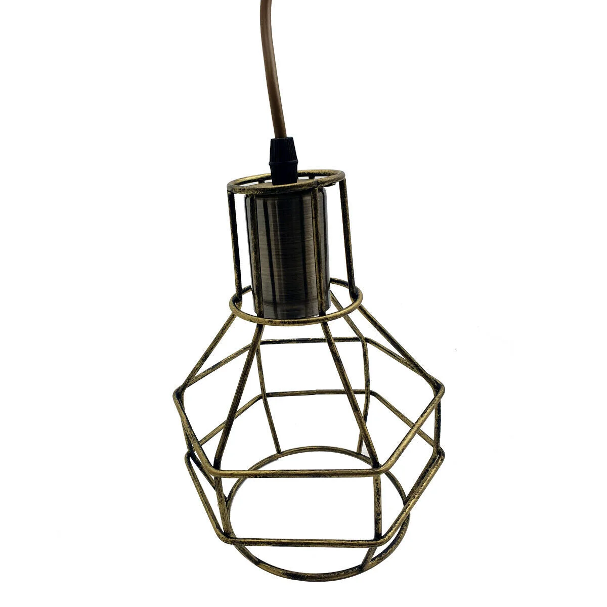 Black industrial ceiling pendant lamp with three metal cages and 90cm cables hanging from ceiling plate