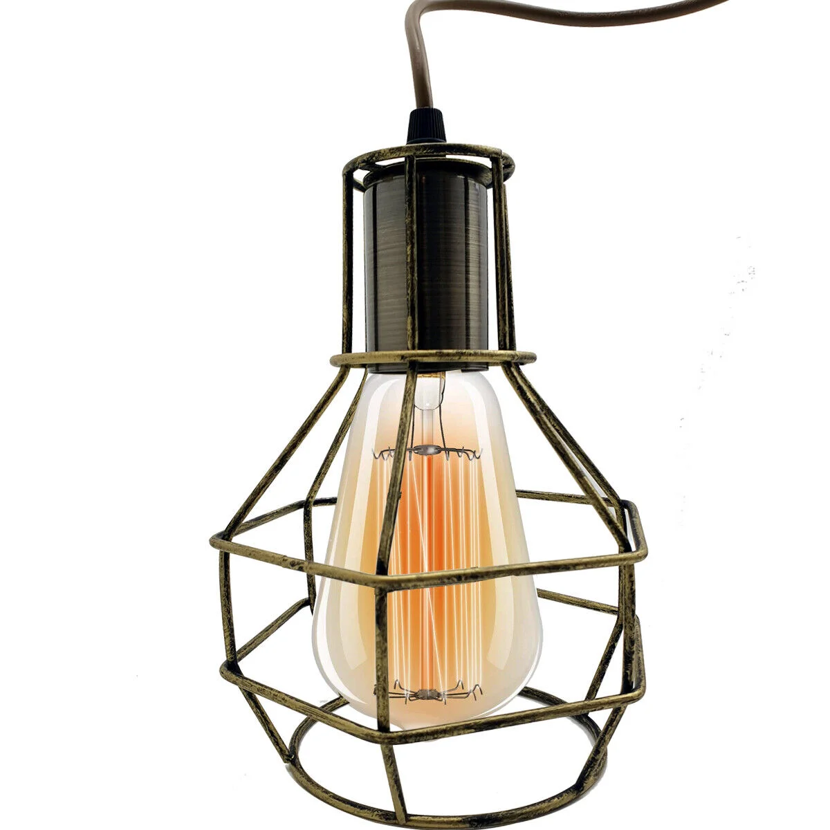 Black industrial ceiling pendant lamp with three metal cages and 90cm PVC cables hanging from ceiling plate
