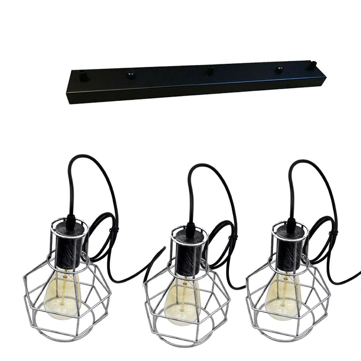 Black industrial ceiling pendant lamp with three metal cages and 90cm PVC cables hanging from ceiling plate