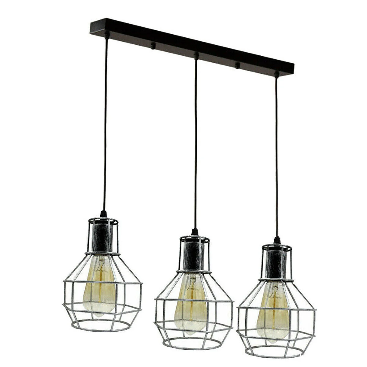 Black industrial ceiling pendant lamp with three E27 light holders and metal wire cages hanging from ceiling plate