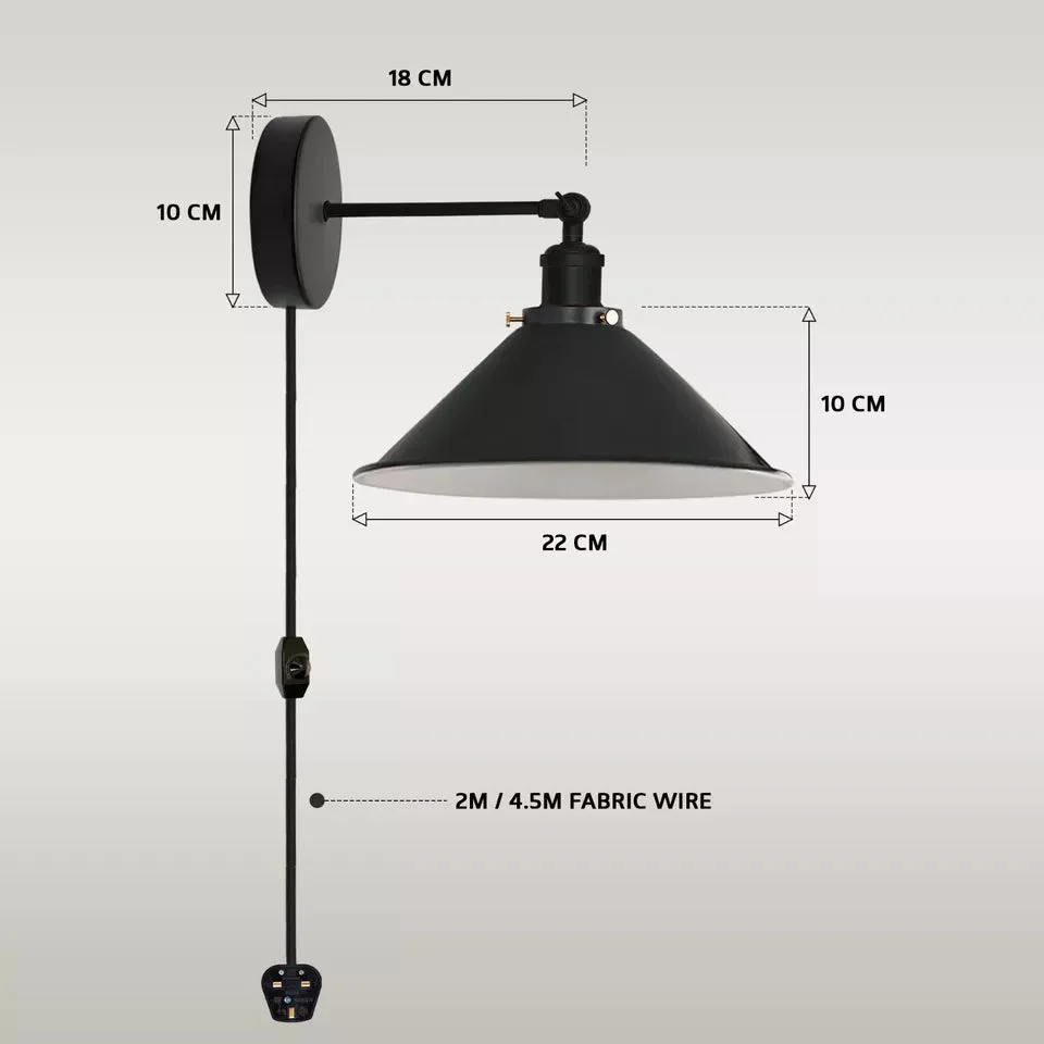 Industrial wall light with metal shade, 4m cord, UK plug, and dimmer switch for bedside or table use