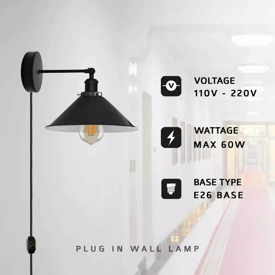 Industrial style metal wall lamp with fabric shade, 4m cord, UK plug, and dimmer switch for bedside or table use