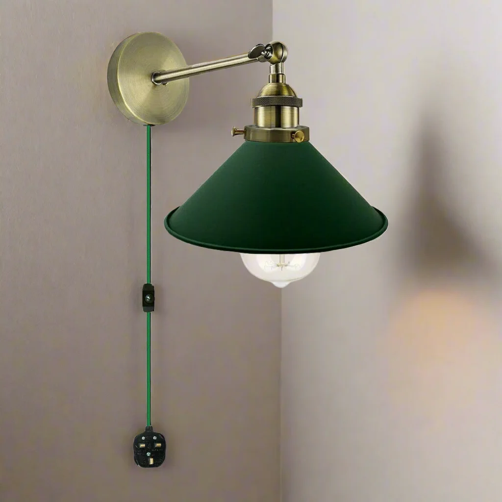 Industrial metal bedside wall light with fabric shade, 4m cord, UK plug, and dimmer switch attached