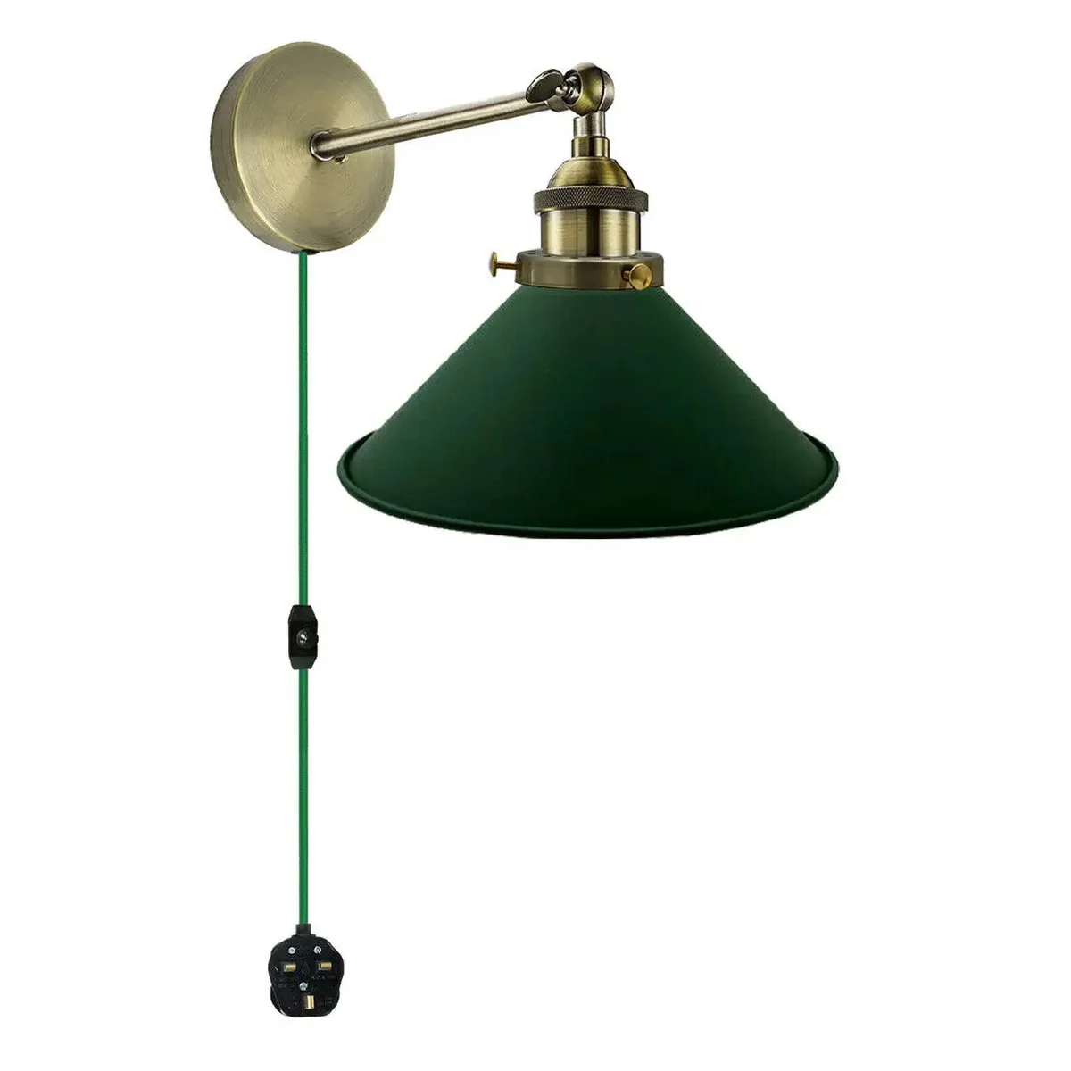Industrial style E27 wall lamp with metal shade, 4m cord, UK plug, and dimmer switch for bedside or table use