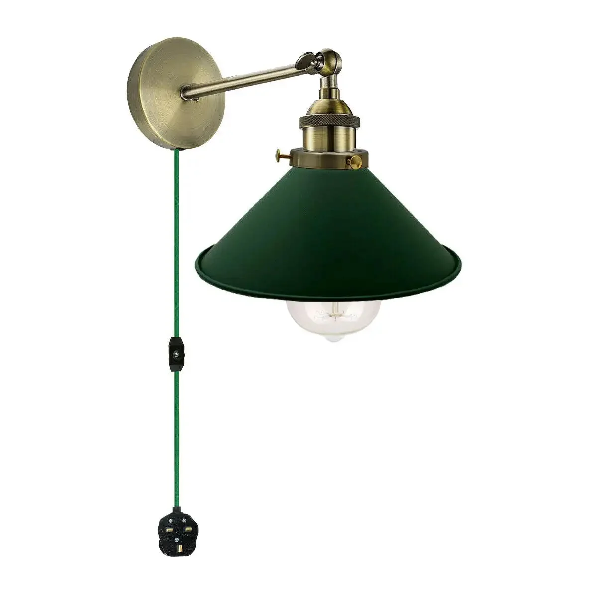 Metal industrial style dimmer switch wall light with fabric shade, 4m cord, UK plug and ceiling rose fitting accessory