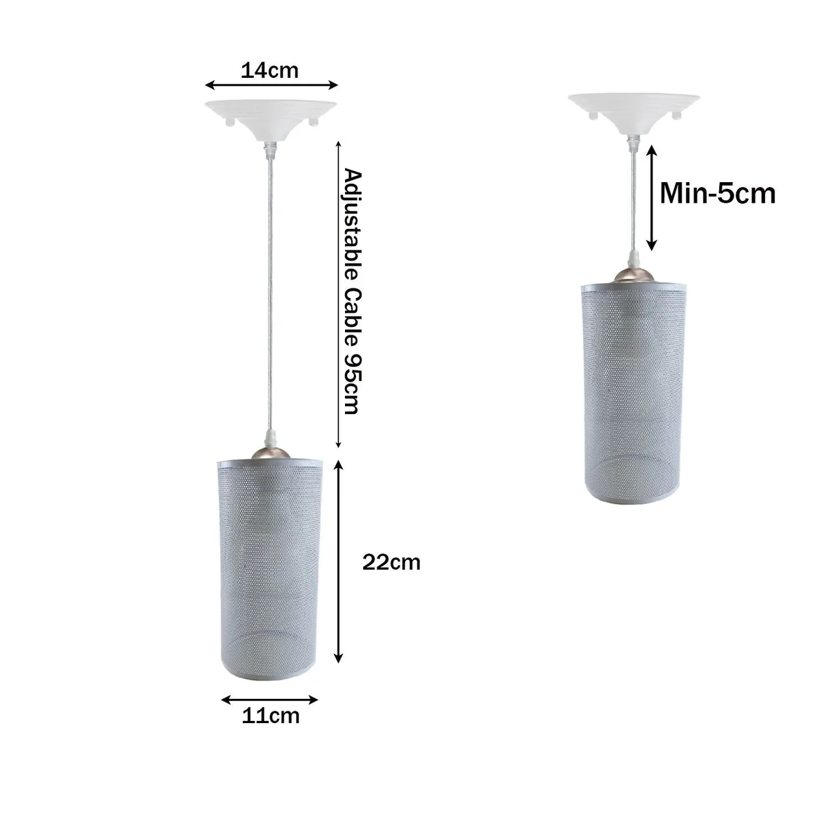 White adjustable metal wire cage lamp hanging from ceiling with 95cm cable and E27 bulb holder