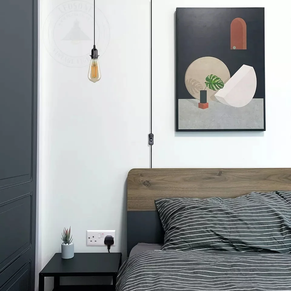 Modern 2m indoor hanging light with metal holder, PVC cable, plug-in switch, compatible with E27 bulbs, white background