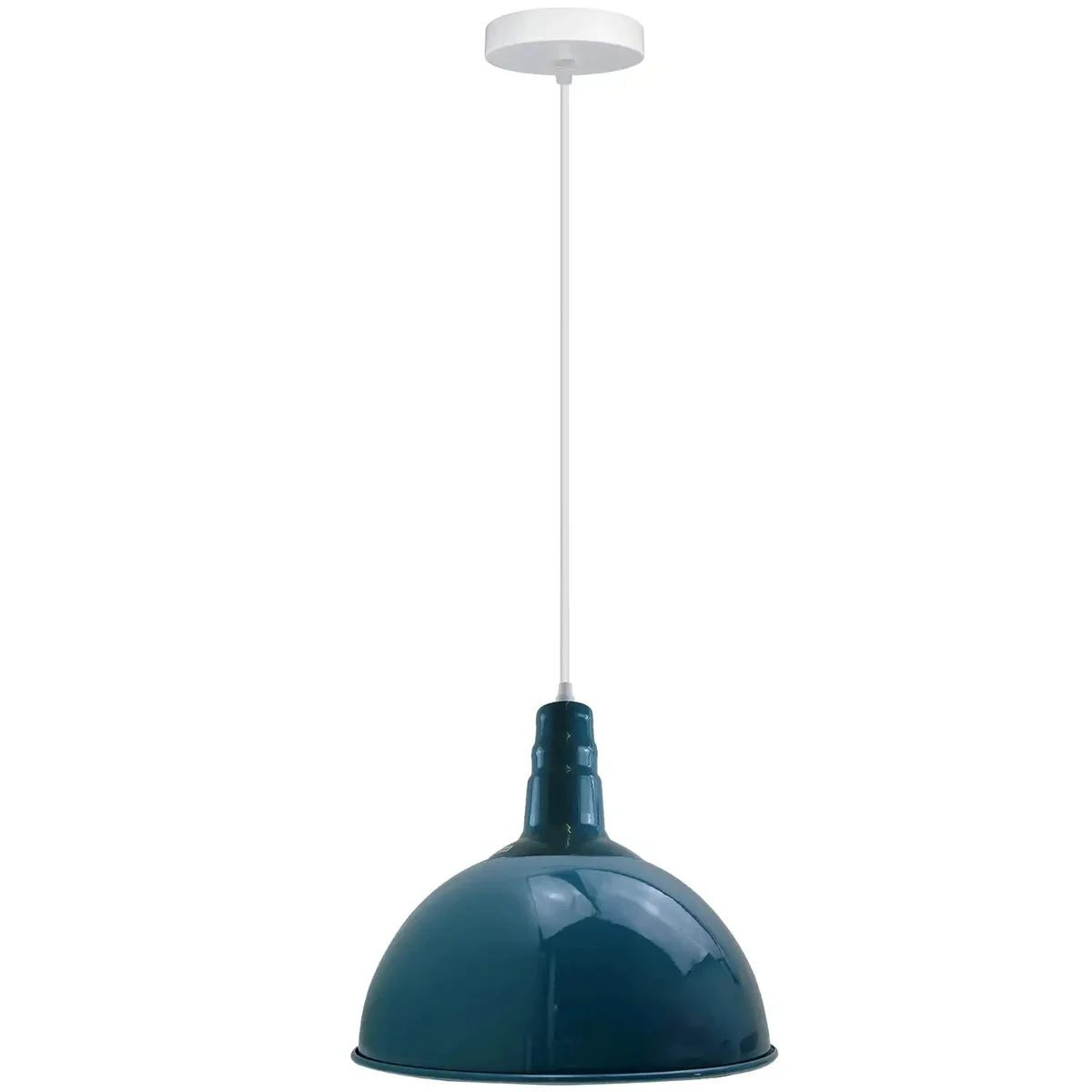 Cyan blue vintage industrial ceiling light with metal dome shade and white interior, pendant style with adjustable base and 95cm cable