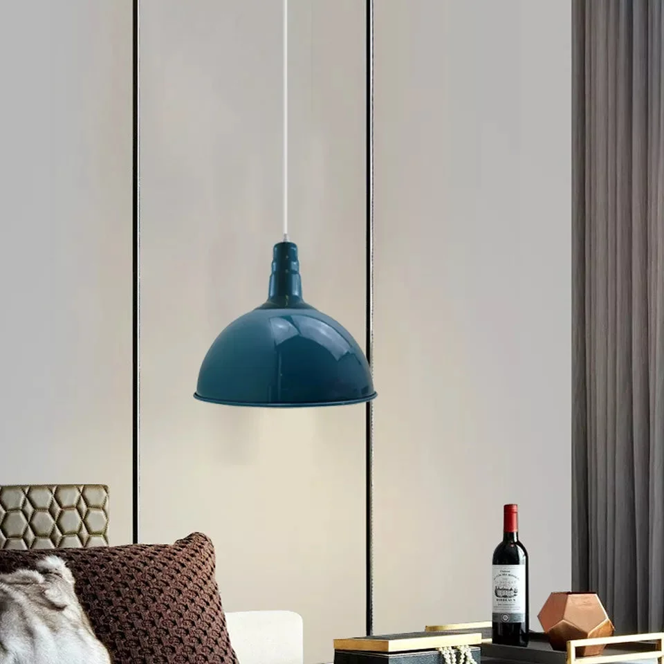 Cyan blue vintage industrial metal dome pendant light with white interior shade and 95cm cable hanging from ceiling