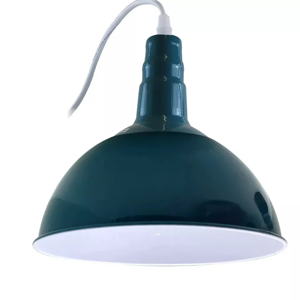 Cyan blue vintage pendant lighting with metal dome shade and angled ceiling mount, white interior for enhanced illumination
