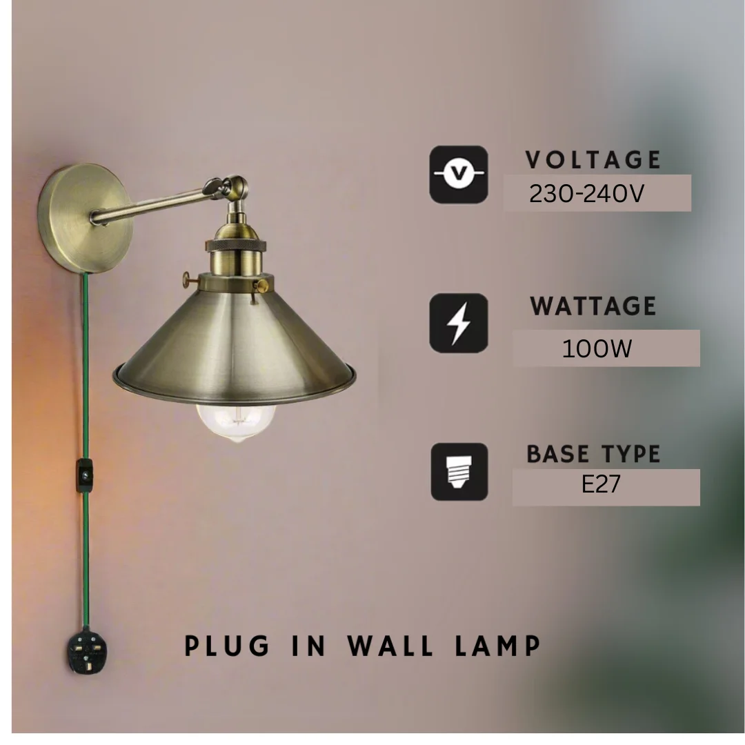 Vintage industrial wall light with metal shade, E27 plug-in light, and UK ceiling rose for rustic home decor.