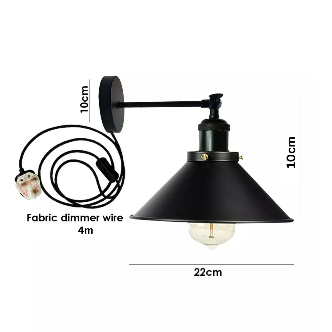 Vintage industrial metal wall lamp with E27 plug-in socket and iron shade, shown mounted on a white wall