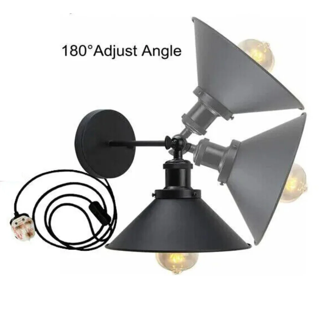Vintage industrial style porch wall light with metal shade, E27 socket, and 4m plug-in cord, shown mounted on wall