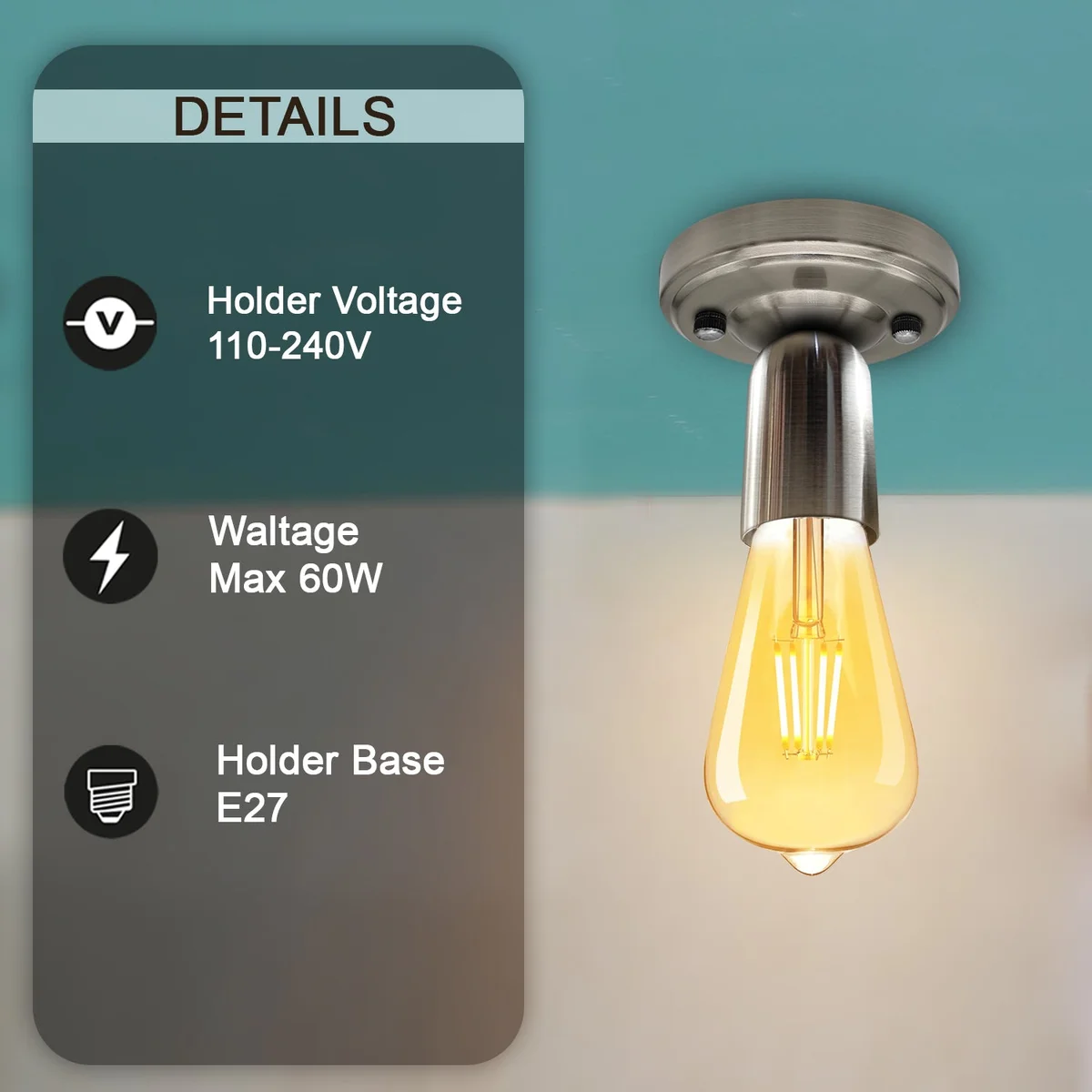 Retro ceiling lamp with metal flush mount and E27 bulb holder, ideal for vintage style indoor lighting.