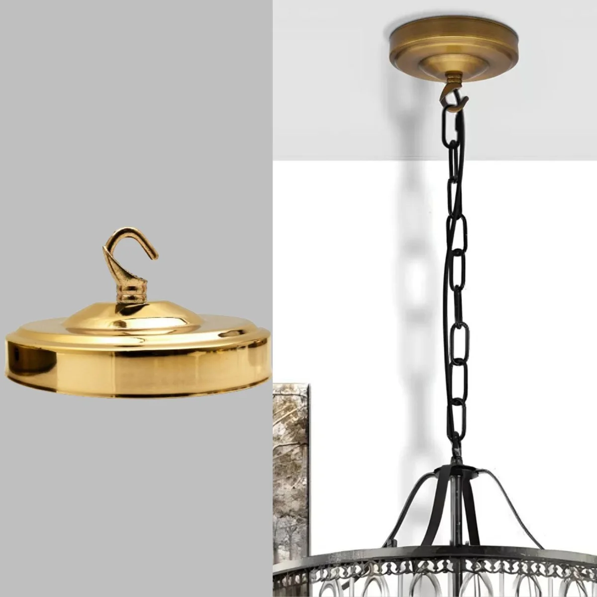 Metal ceiling rose with hook, 108mm diameter, vintage style, pre-drilled holes for light fixture installation indoors