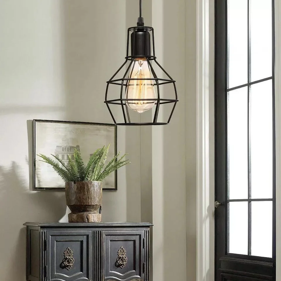 Black and rustic red metal cage pendant light with adjustable cable and ceiling rose, industrial vintage style lampshade