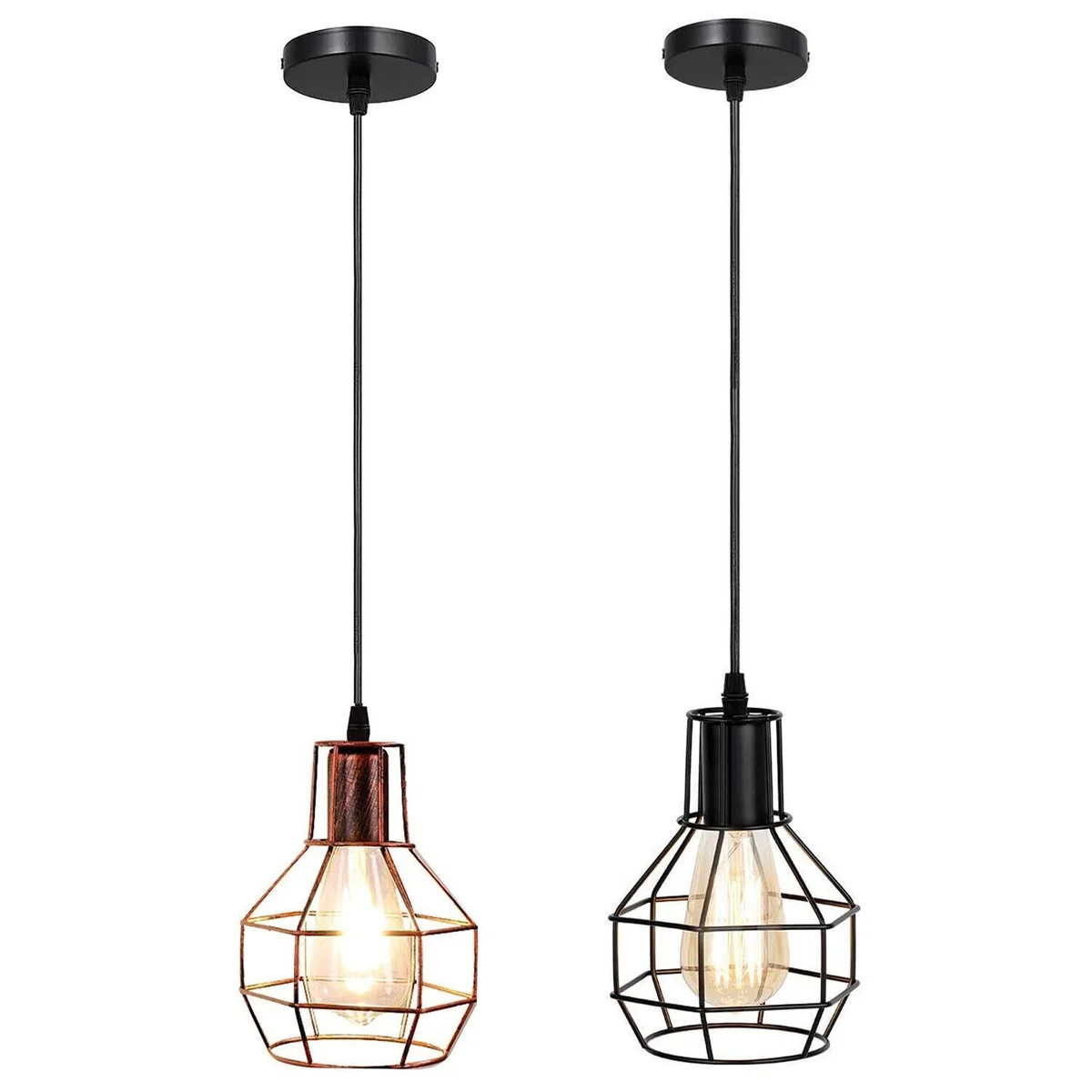 Retro ceiling lamp with black and rustic red metal cage pendant light hanging from ceiling against white background